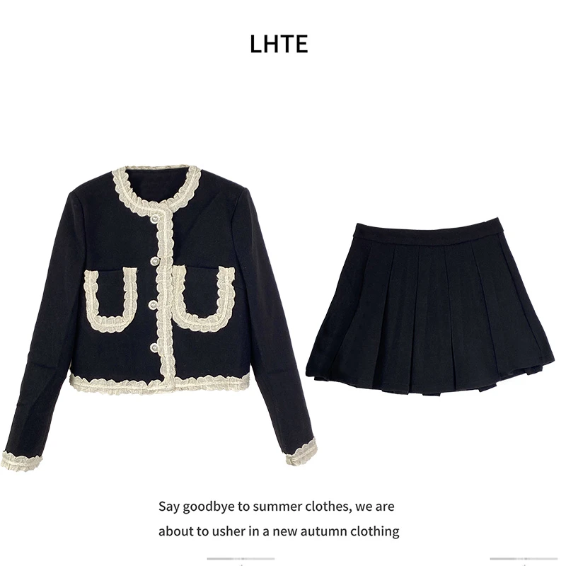 青青大码女装法式黑色毛呢外套百褶半身裙子两件套装女秋冬T4425