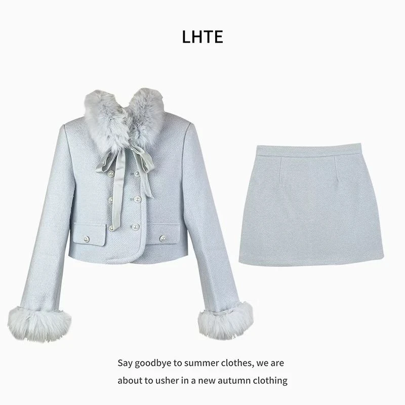 青青大码女装高级感轻奢毛呢蓝色外套秋冬百褶裙短裙子套装T4563