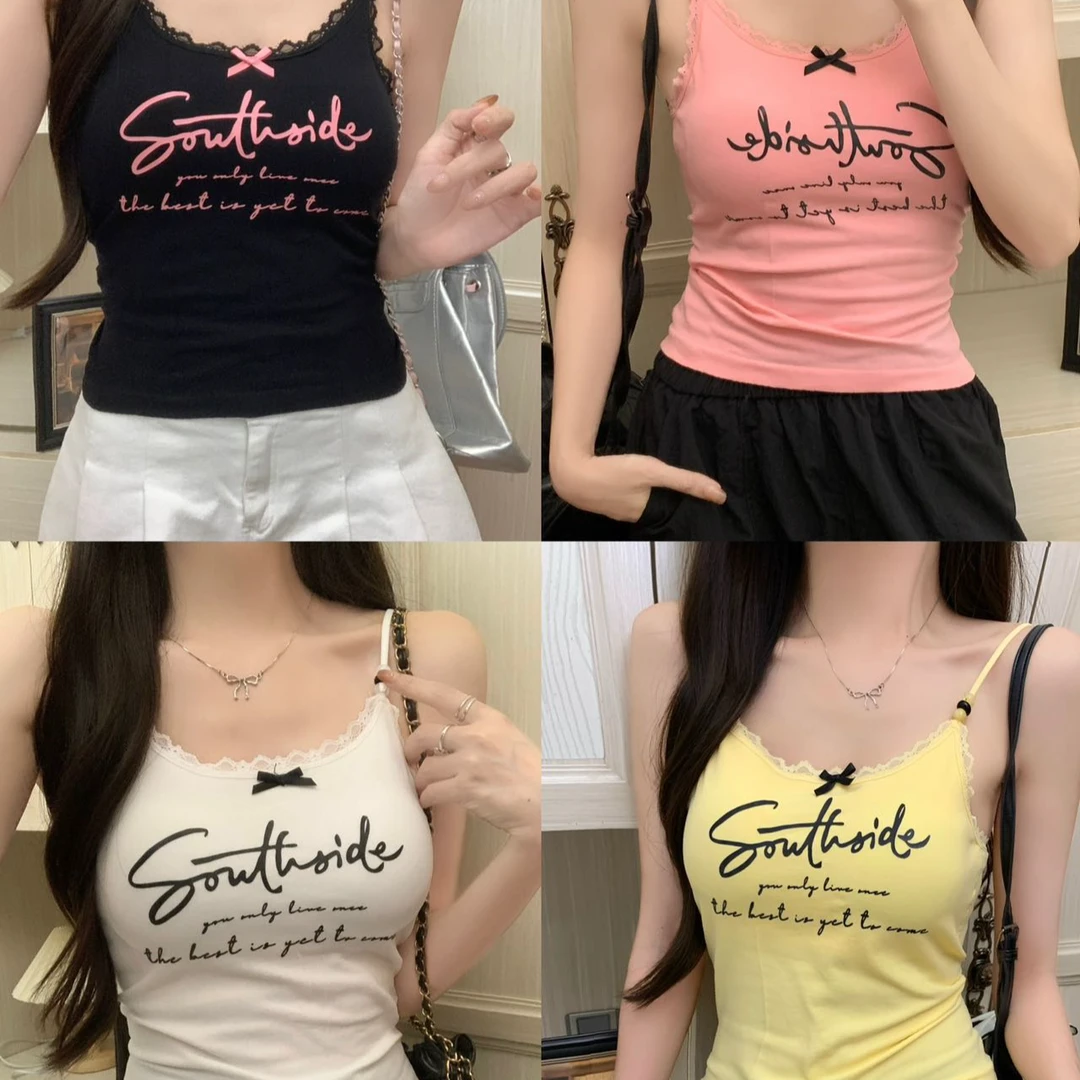 2024新款印花珠珠肩带多巴胺美背自带胸垫辣妹显瘦百搭修身美背