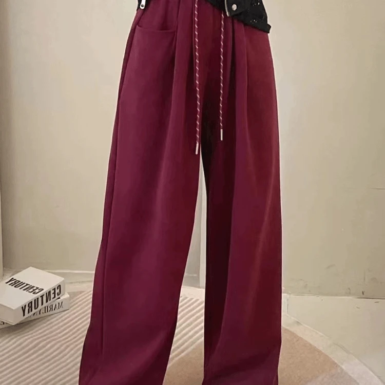 慵懒风运动裤女春秋直筒裤高腰抽绳拖地休闲阔腿裤高个子裤子