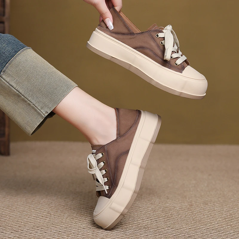 头层牛皮港风复古板鞋女2024秋季新款百搭厚底休闲鞋圆头系带单鞋