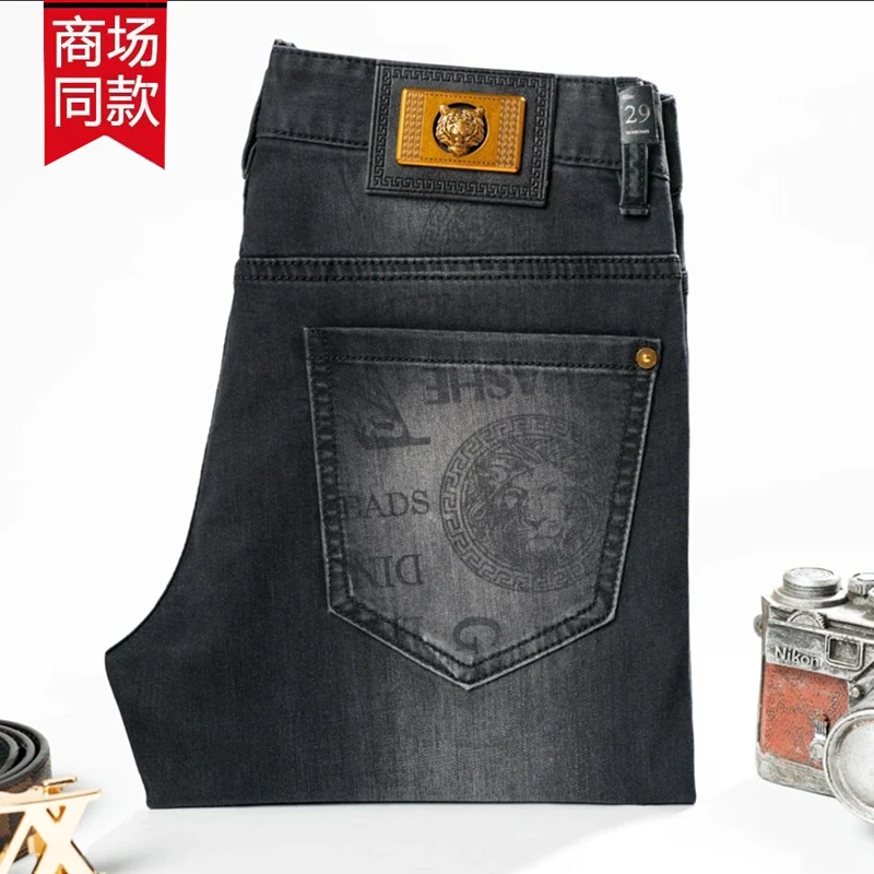 春季新款薄款印花黑灰男士修身小直筒商务休闲弹力时尚男牛仔裤子