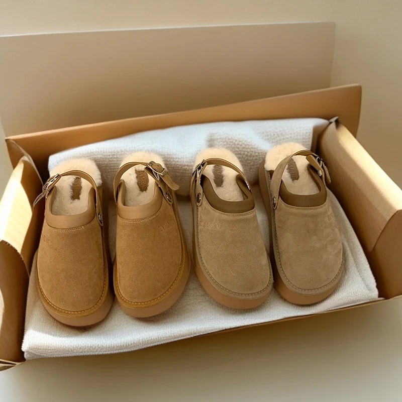 2024外穿加绒毛毛鞋勃肯半拖鞋厚底包头拖鞋秋冬新款保暖雪地靴女