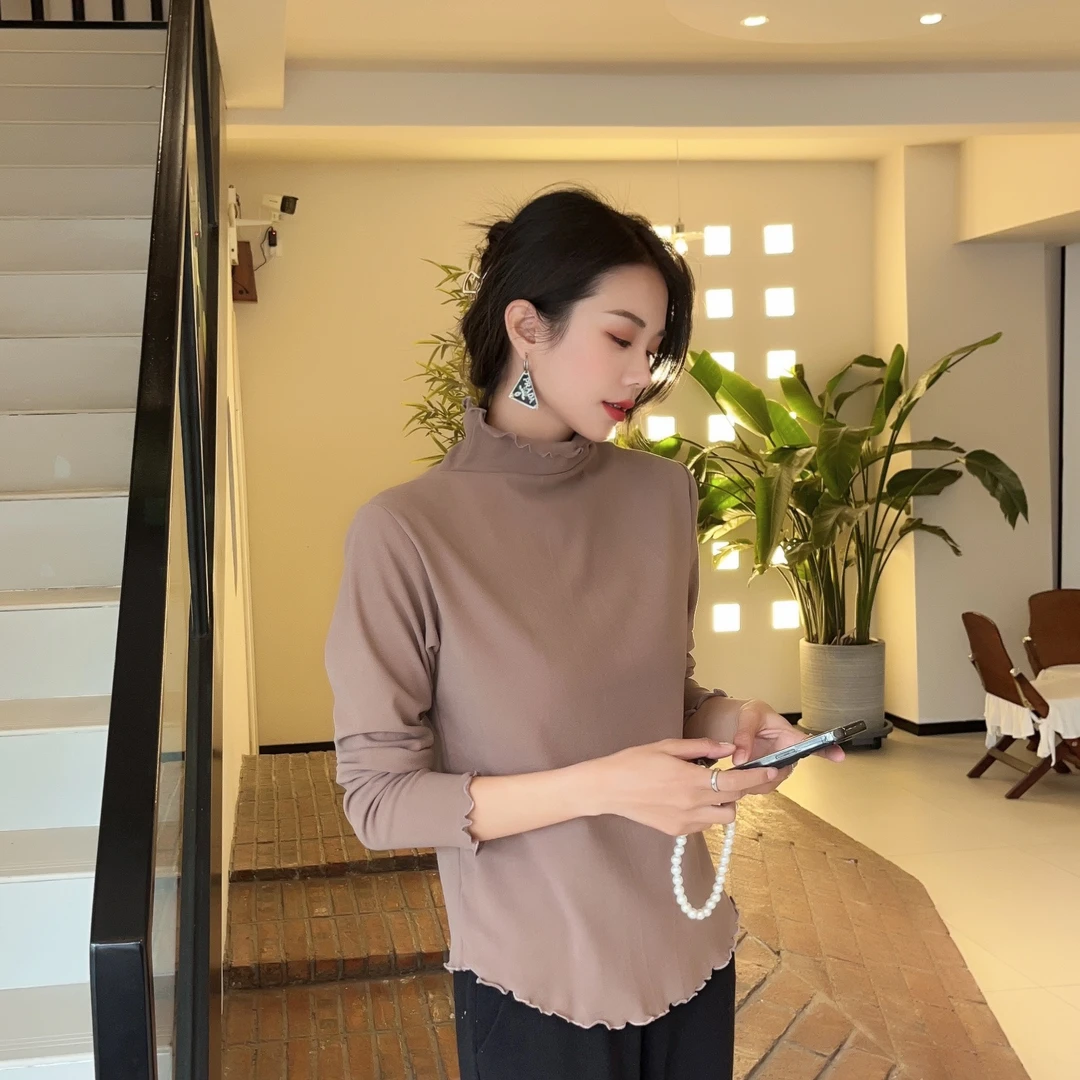 长袖半高领保暖德绒打底衫T恤修身纯色内搭加绒女加厚秋冬木耳边