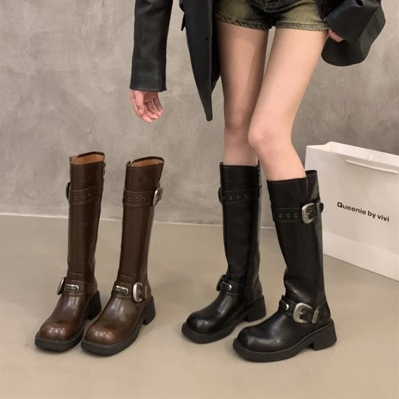 新款长靴拉德厚底莱纳春秋女鞋骑士美西蒙棕色靴子机车冬季中长筒