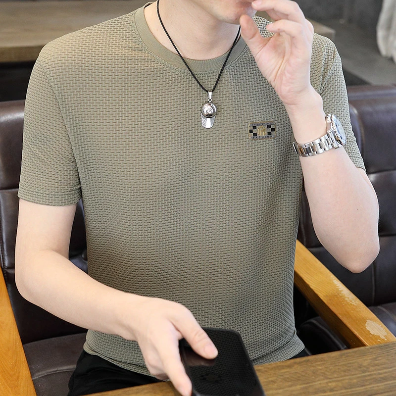 夏季高档冰丝薄款短袖T恤速干韩版编织潮流提花体恤宽松上衣休闲