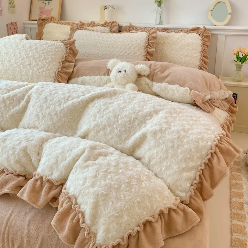 富安娜2024新款兔毛绒花边加绒加厚纯色双面绒公主风水晶绒四件套
