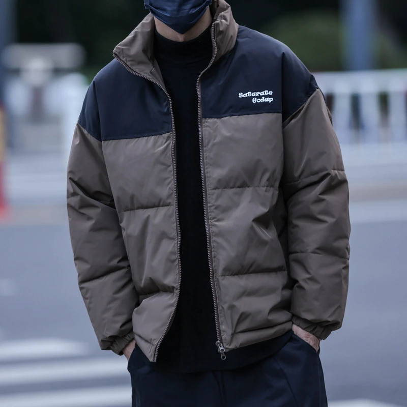 冬季美式复古拼色立领棉服男外套情侣休闲百搭潮流保暖棉衣棉袄