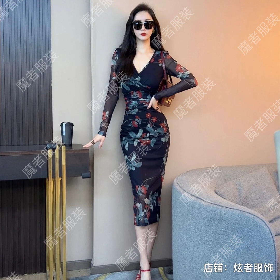 魔者家网纱款【夜来香】性感修身气质显瘦弹力长袖连衣裙不定位花纹
