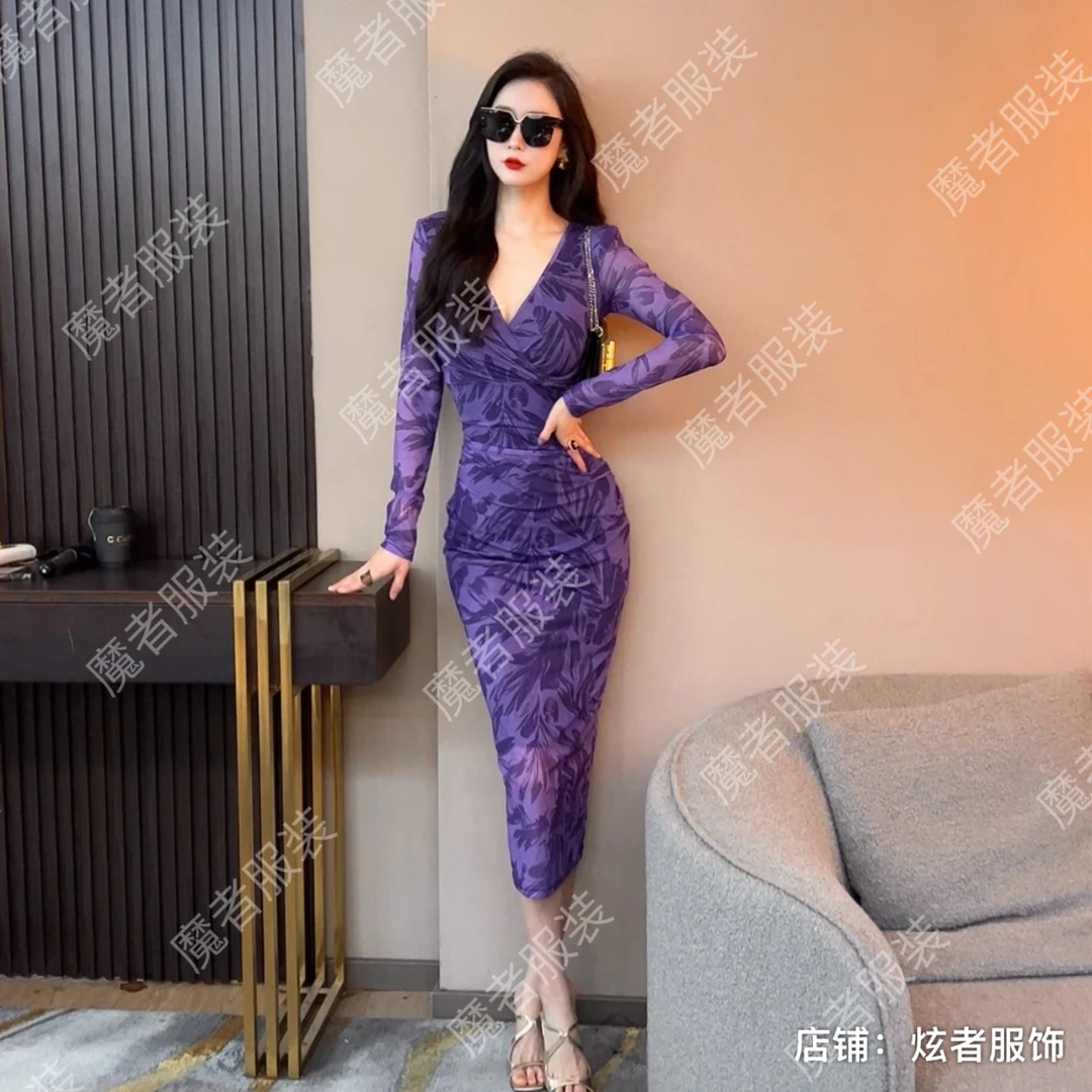 魔者家网纱款【薰衣草】新款性感显瘦弹力长款连衣裙不定位花纹