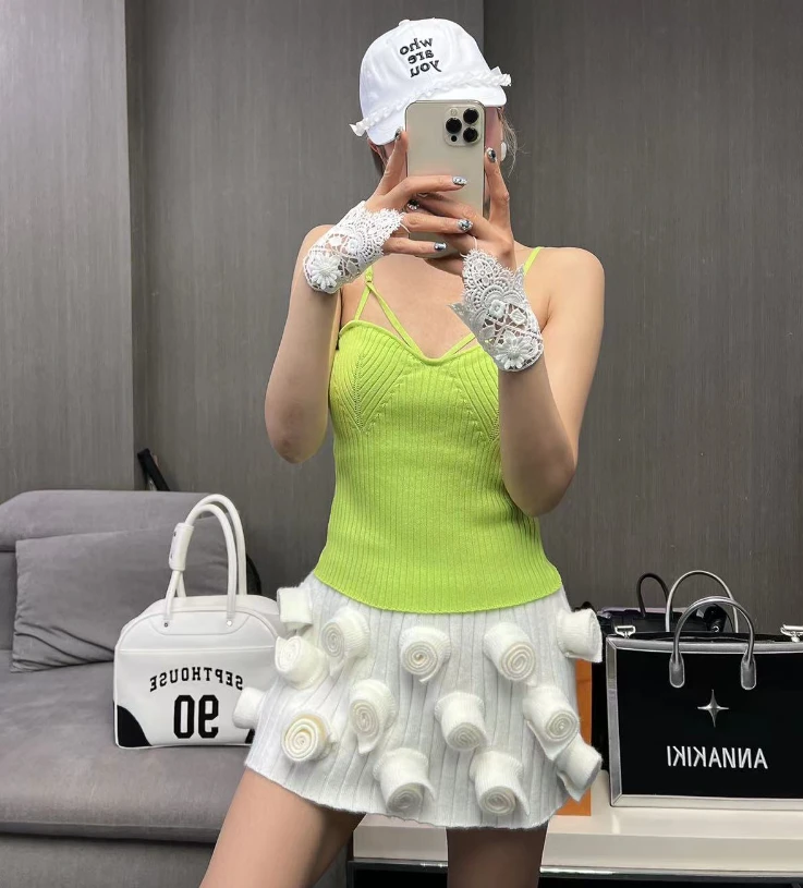 立体花朵毛线短裙JEC41A111白玫瑰