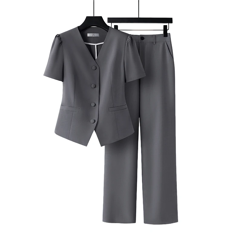 高端灰色西装外套女夏装薄款职业装通勤气质女神范短袖西服高级感