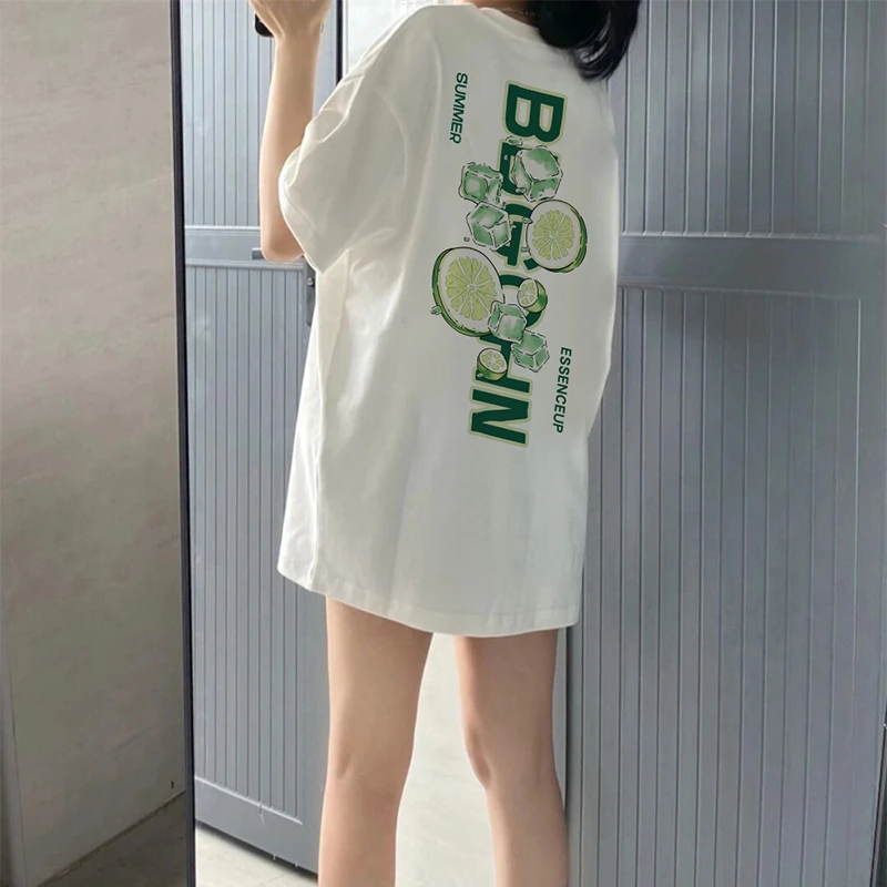 纯棉时尚柠檬冰块印花短袖T恤女2025新款韩版ins宽松显瘦圆领上衣