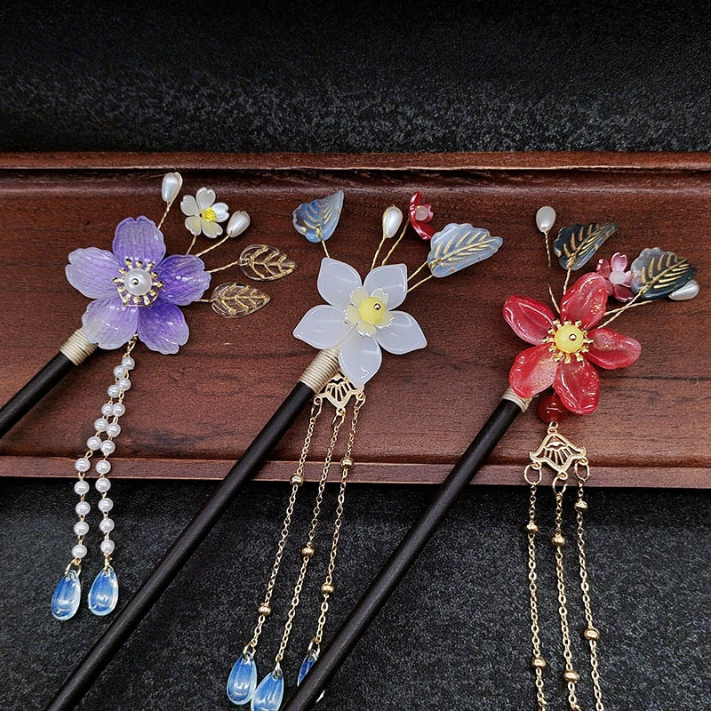 新中式花朵发簪古风流苏感盘发木簪簪子步摇发钗头饰发饰