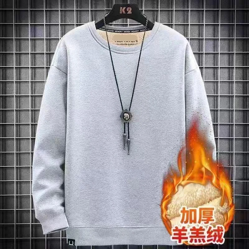 冬季纯色卫衣男加绒加厚圆领休闲百搭青少年保暖上衣羊羔绒外套