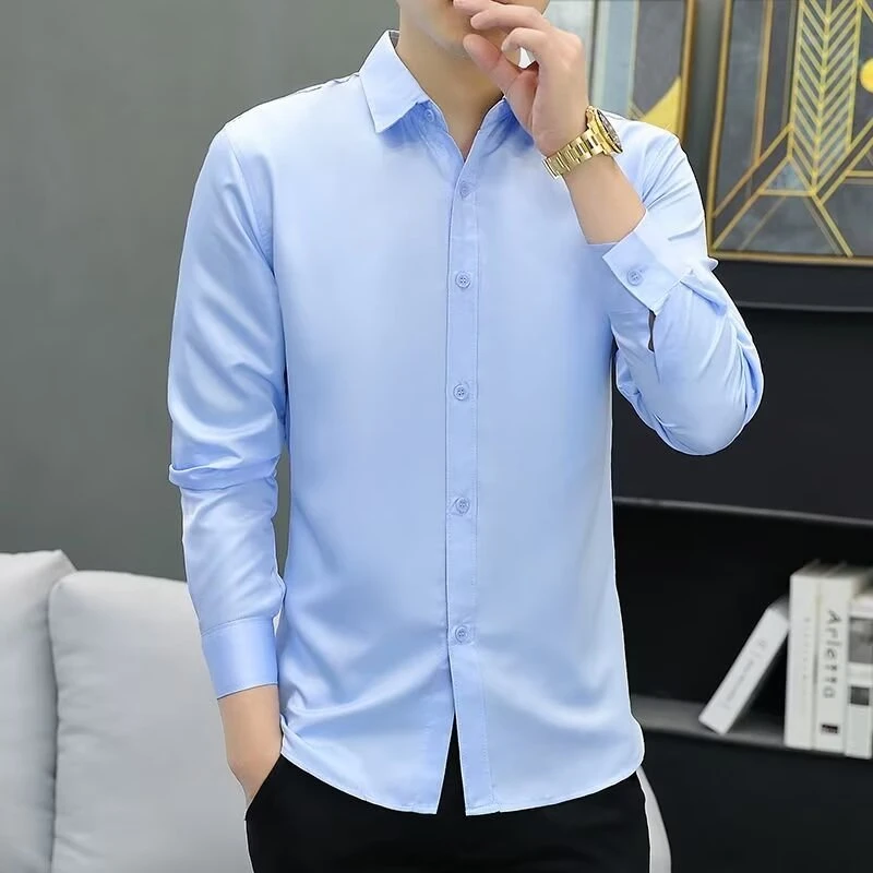 男士长袖秋冬白衬衫商务职业正装免烫西装衬衣纯色长袖蓝黑工装寸