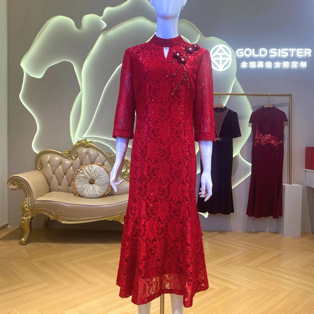 爆款喜服礼服气质修身显瘦喜婆婆喜妈妈网红酒红色蕾丝结婚86123