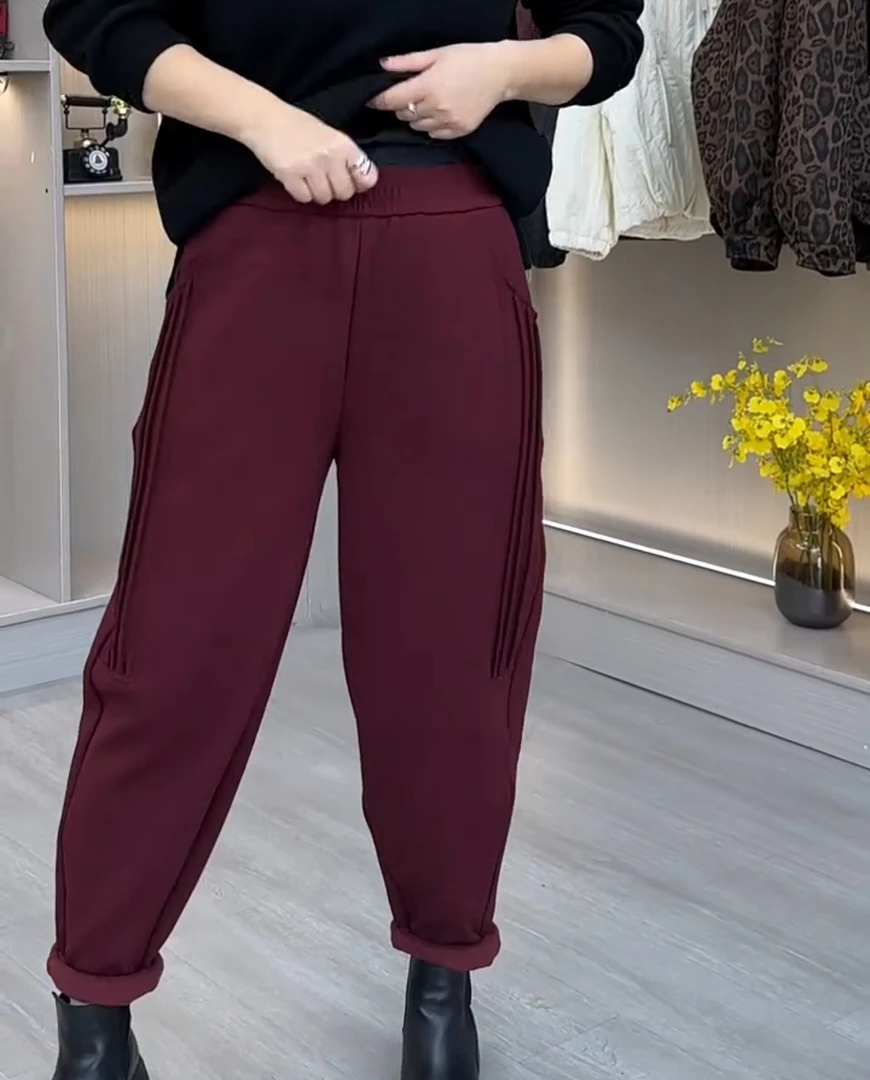 大码加绒加厚秋冬潮流压条高腰显瘦时尚松紧腰纯色百搭运动休闲裤