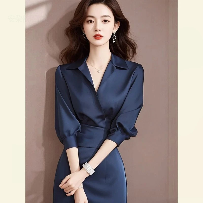 早秋硫酸铜穿搭气场强大女神范气质高级感厅里厅气蓝色衬衫连衣裙