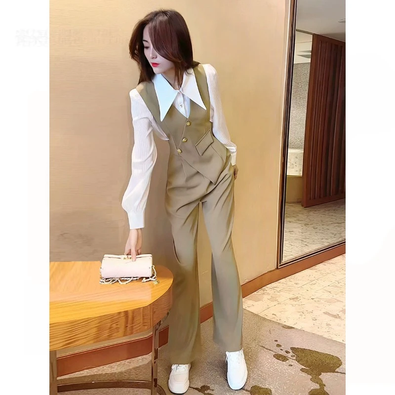 2024新款连体裤女秋季干练通勤高级感名媛高腰阔腿垂感背带裤套装