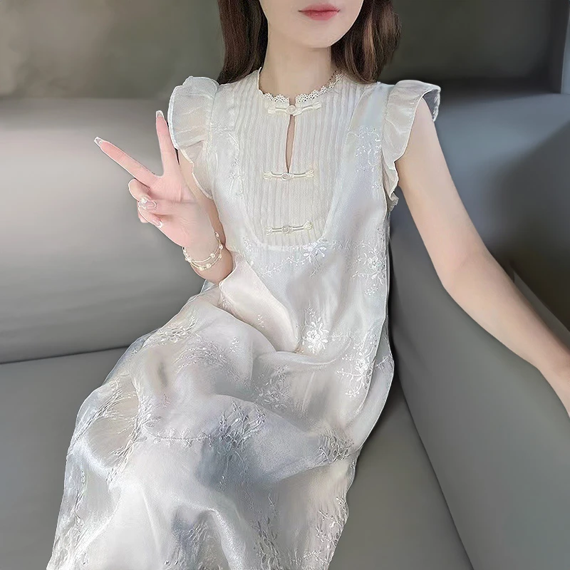 夏大码胖mm新中式提花刺绣连衣裙女气质高级感无袖长裙显瘦小个子