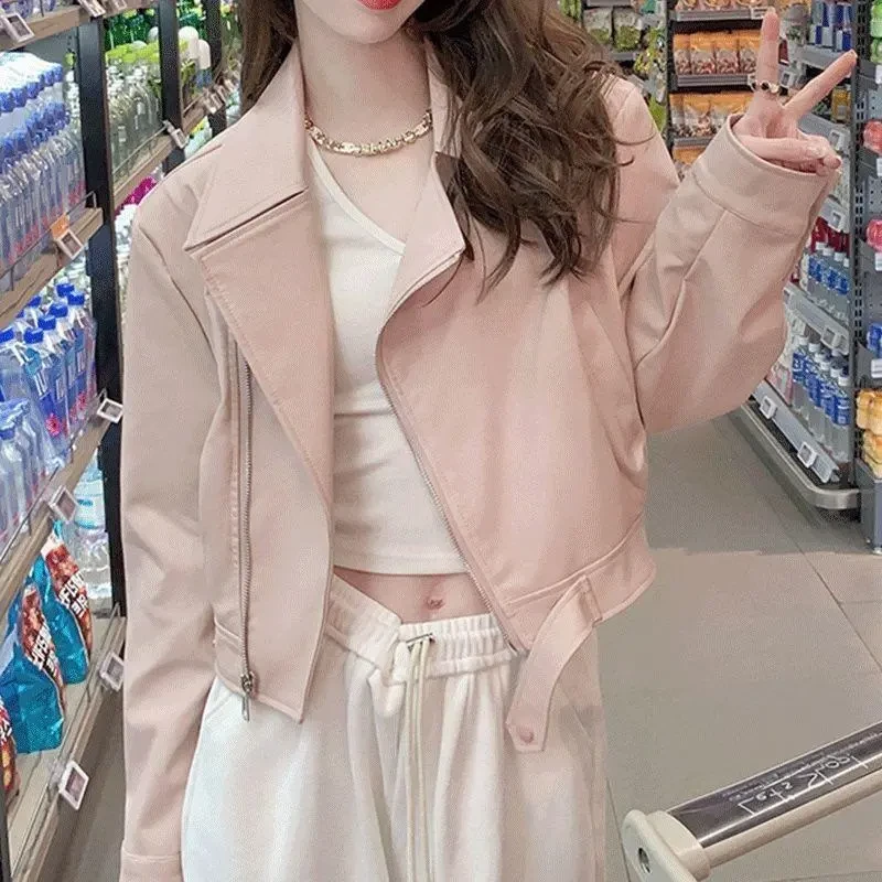 H粉色短款机车皮衣外套女春新款小个子休闲时尚pu皮夹皮夹克外套