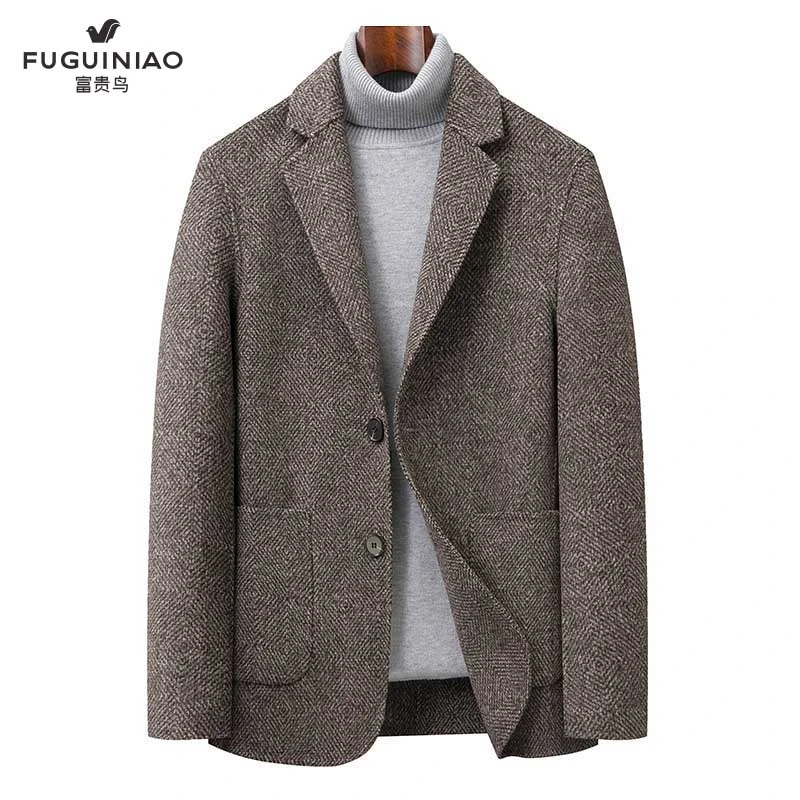FUGUINIAO/富贵鸟男士毛呢西装外套双面呢绵羊毛秋冬纯色加厚西服