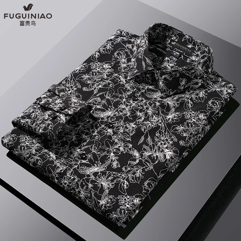 FUGUINIAO/富贵鸟男士长袖衬衫中国风垂感轻奢花型时尚春秋季衬衣