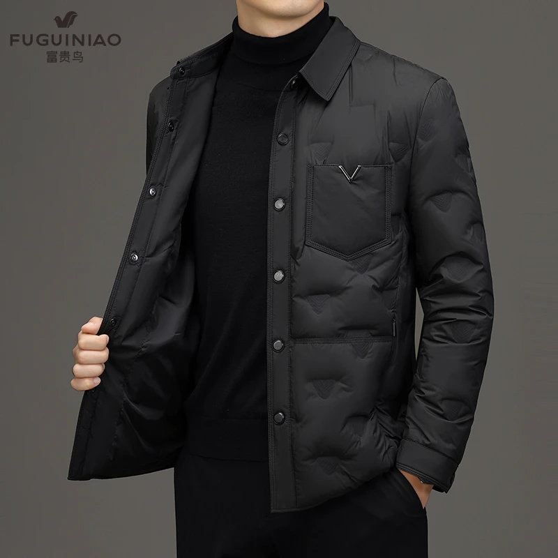 FUGUINIAO/富贵鸟男士羽绒服轻薄鸭绒款男装休闲衬衫领秋冬装外套
