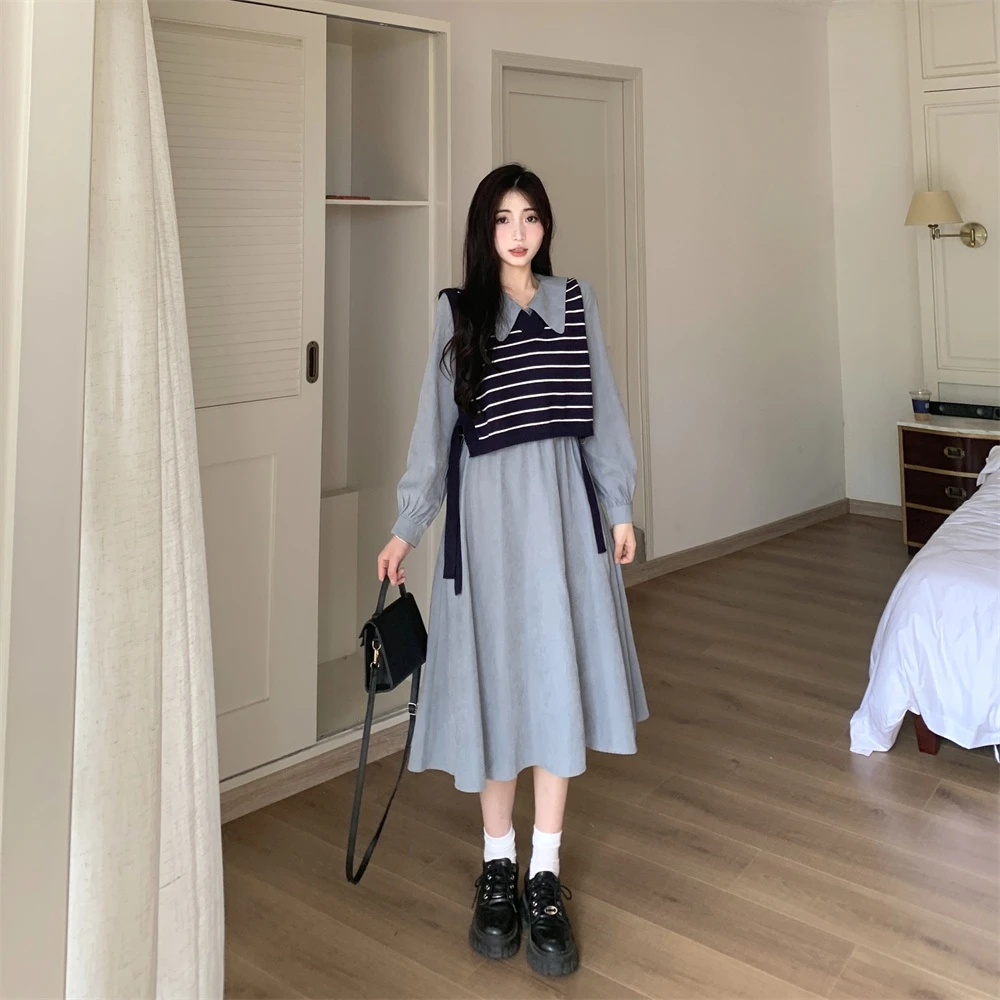 实拍 大码胖MM2024秋季新款条纹针织衫+翻领长袖连衣裙显瘦套装