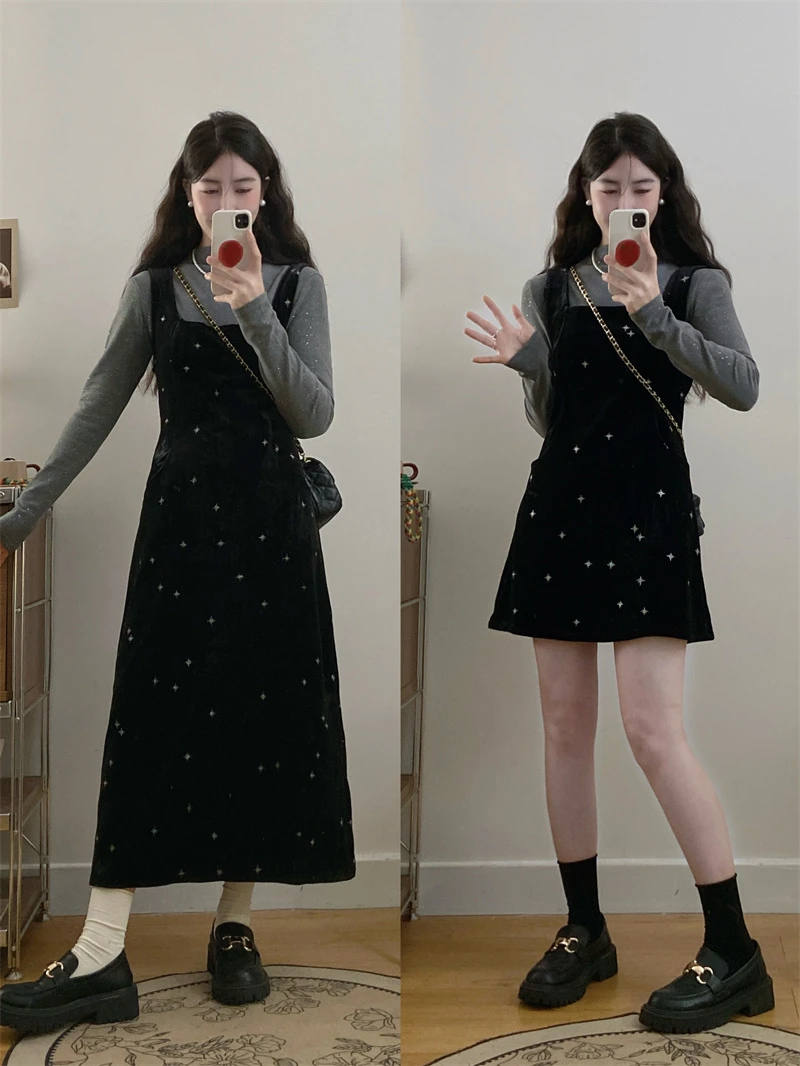 新年战袍小香风丝绒细闪吊带裙套装女秋冬高端精致内搭长款连衣裙