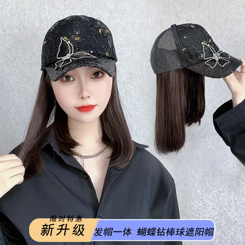 热卖春夏款蝴蝶款帽子假发一体时尚百搭内扣发型女棒球帽遮阳防晒
