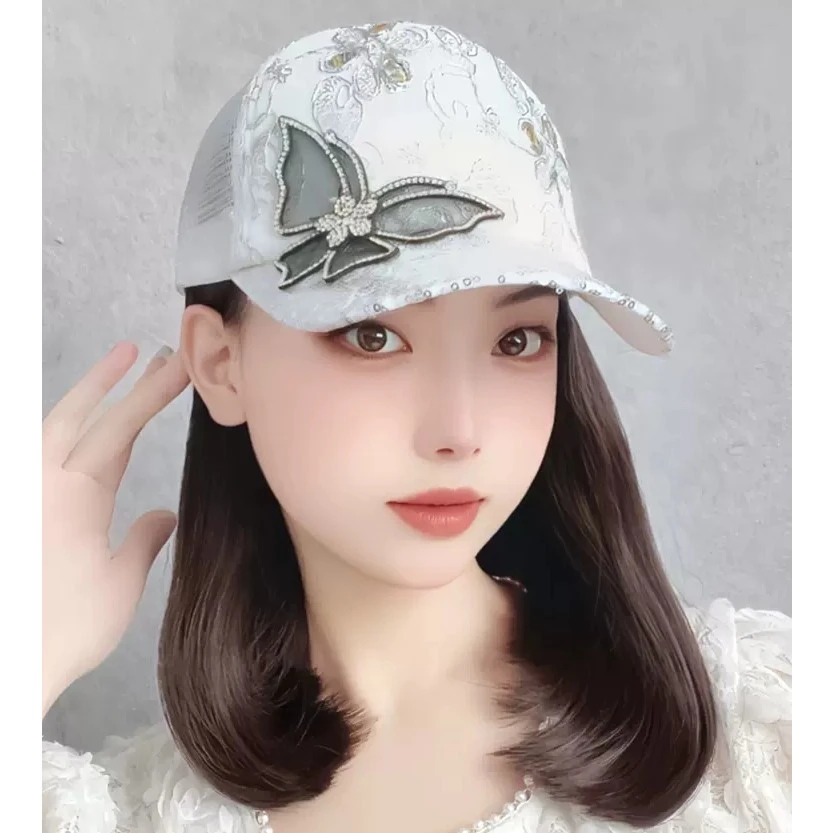 假发女短发水晶蝴蝶花纹帽子假发一体春夏波波头内扣防晒帽全头套