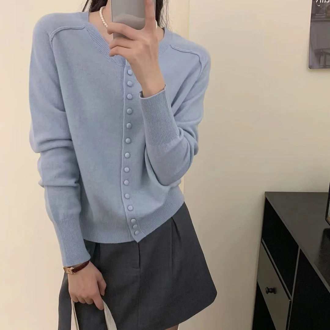 朵儿定制 蘑菇包扣拼接长袖羊毛衫 极简气质通勤IA49