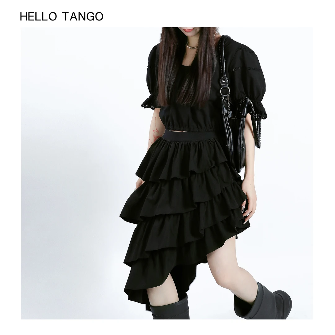 HELLOTANGO《洒脱步调》小众时尚斜边不规则荷叶边半身裙24080#