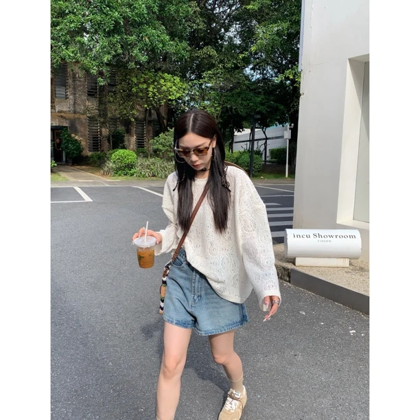 HELLOTANGO《记忆朦胧》小众时尚慵懒感百搭钩花镂空上衣84151-1#