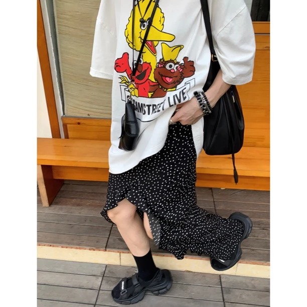 HELLOTANGO《纯爱猎手》小众复古不规则荷叶边开衩波点半身裙24613#