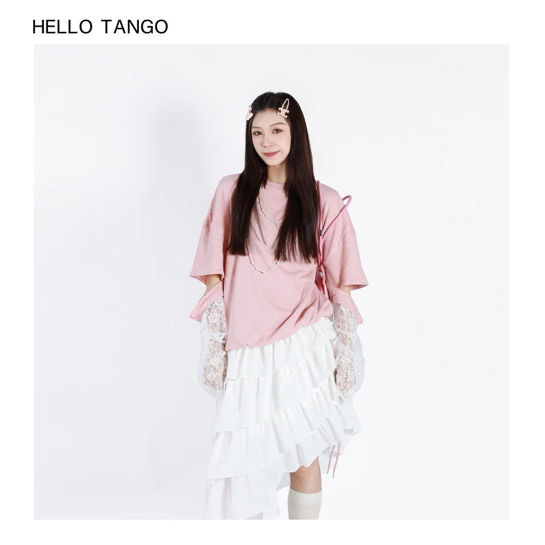 HELLOTANGO《自由定义》小众设计时尚假两件拼接蕾丝袖T恤54320#