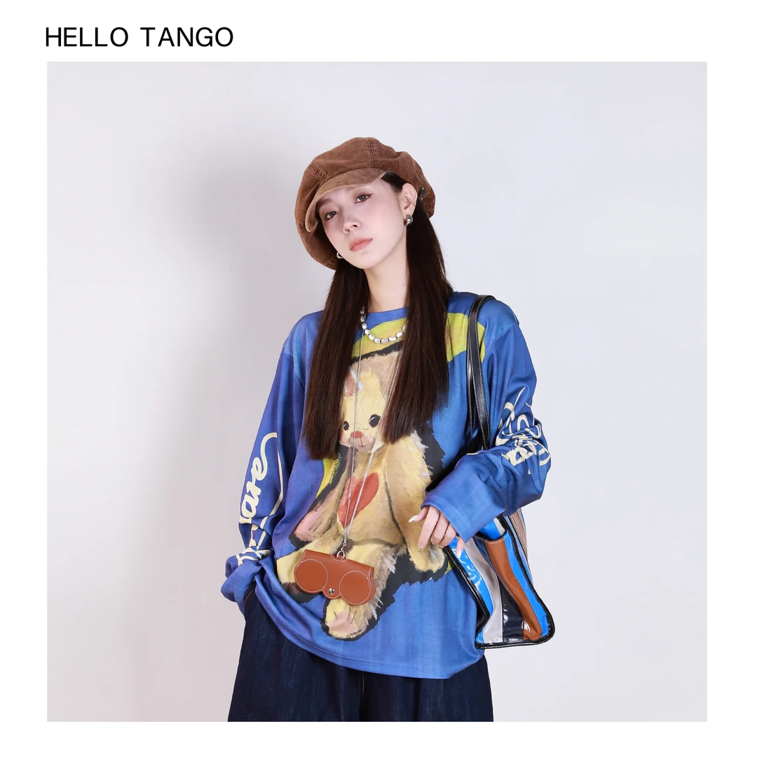 HELLOTANGO《独角小熊》小众时尚宽松显瘦卡通图案长袖T恤84415#