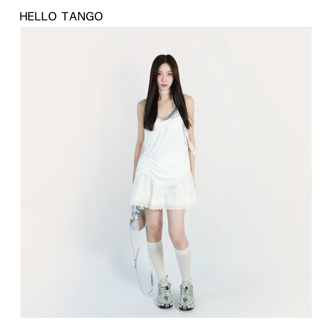 HELLOTANGO《天菜氛围》小众设计夏季百搭抽绳蕾丝吊带背心54265#