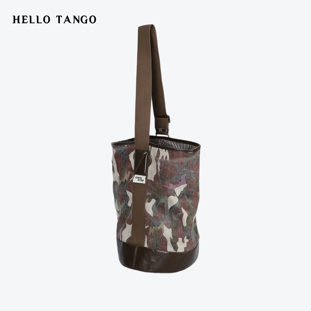 HELLOTANGO小众时尚休闲大容量迷彩单肩水桶包