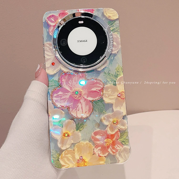 ins粉色油画花朵适用华为mate60pro+手机壳新款Mate50高级感女款