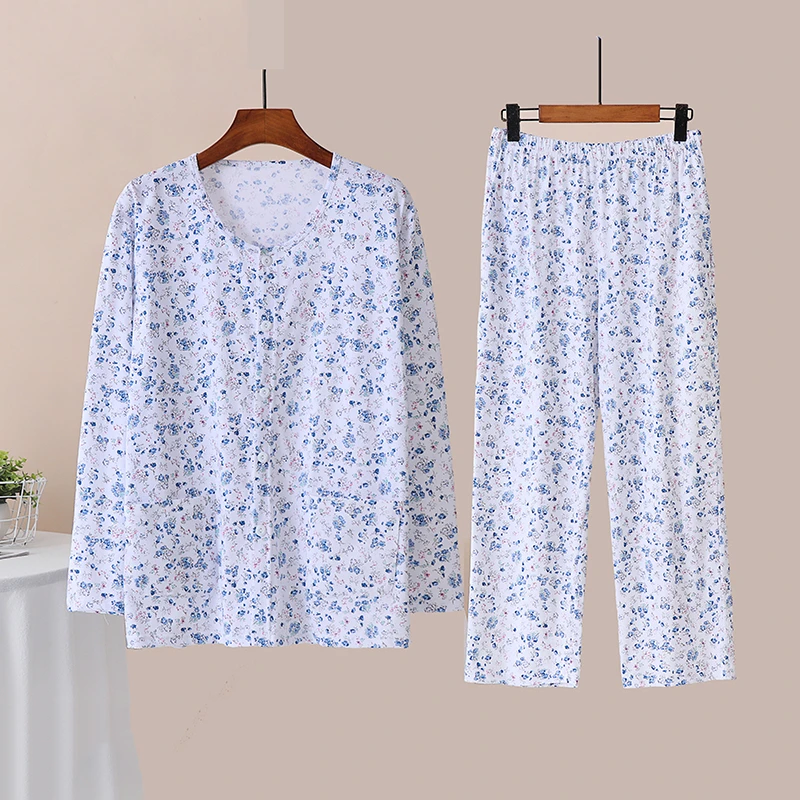 夏季老年人薄款长袖睡衣套装开衫宽松纯棉圆领家居服老人睡裤套装