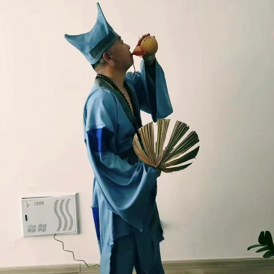 济公和尚表演服装全套【帽子+上衣+裤子+佛珠+葫芦+扇子】古装汉服