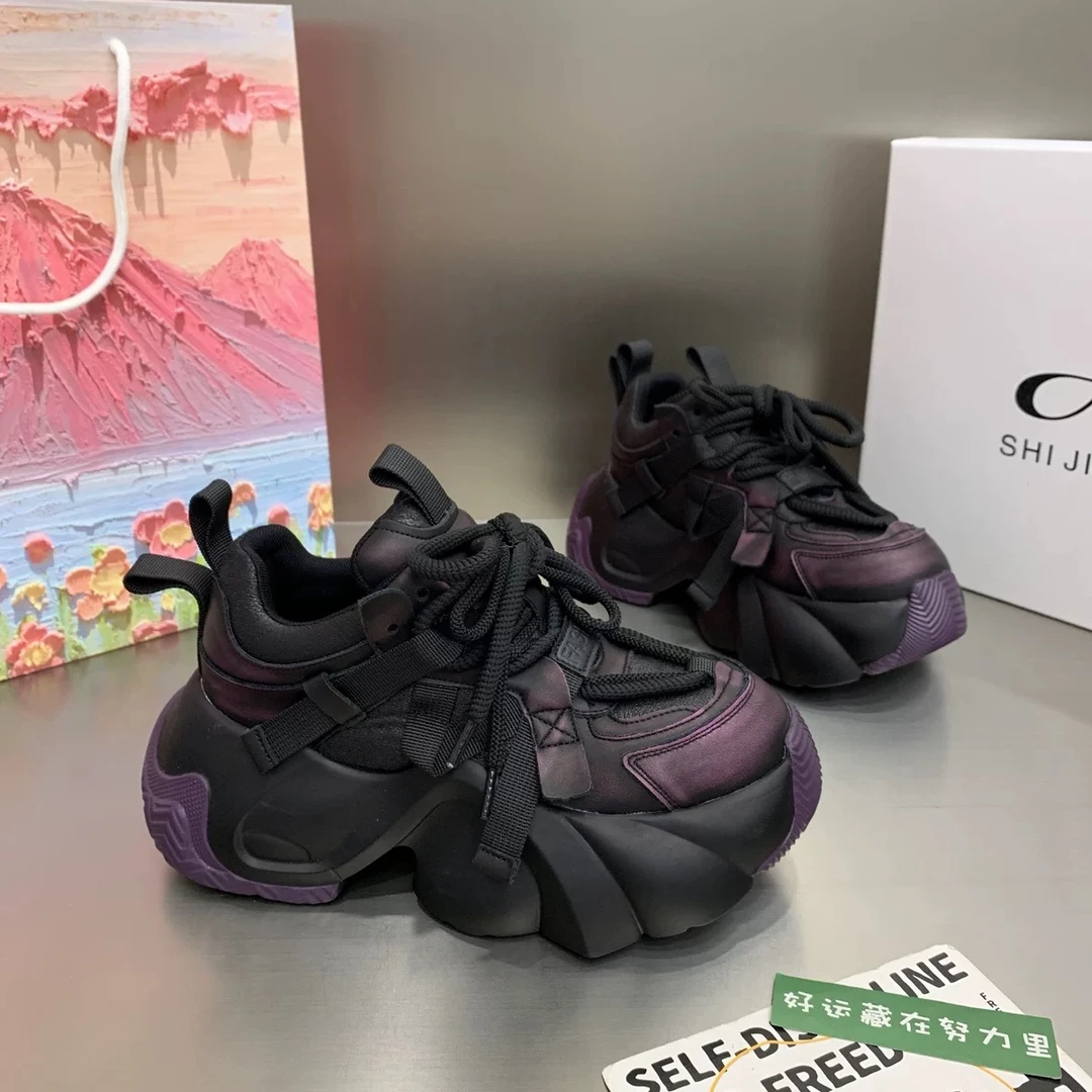 S欧货女款复古松糕老爹鞋2024秋季新款系带时尚厚底增高运动鞋