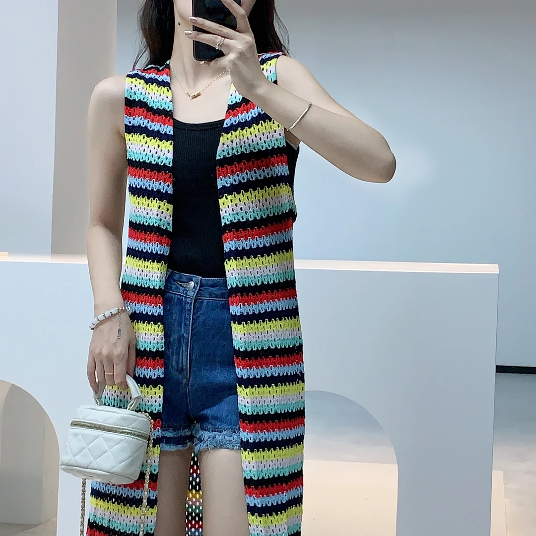 长毛衣开衫时尚小香风气质条纹百搭宽松长款针织开衫A0-5150