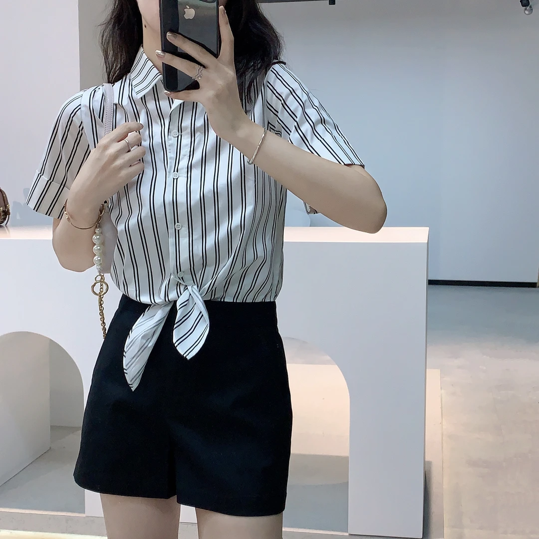 女士条纹衬衫短袖连体短裤A0-5073