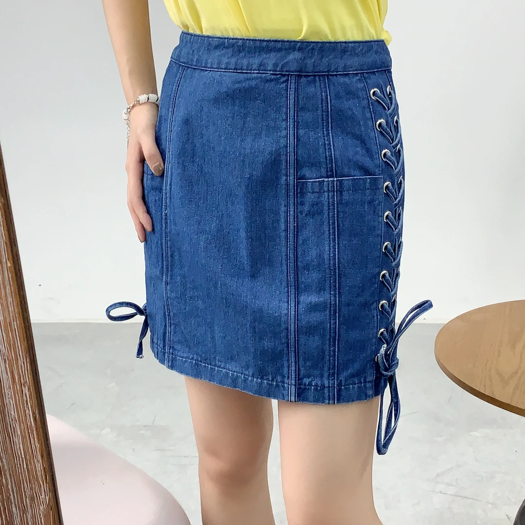 时尚百搭抽绳洋气时髦蓝色牛仔短裙A0-5366