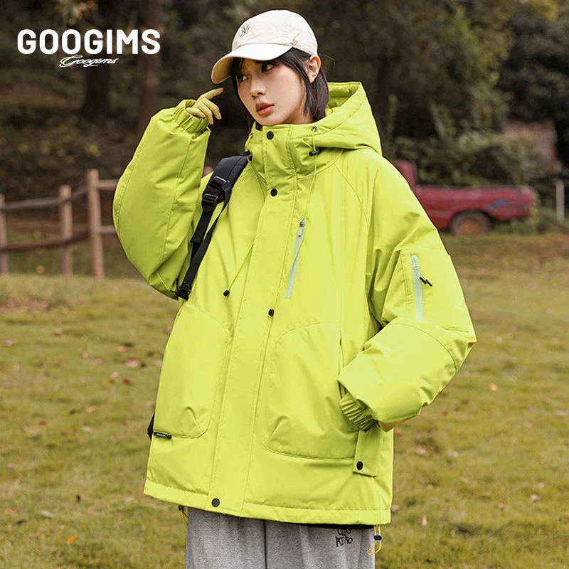 Googims冬季防水羽绒服户外防风连帽加厚羽绒袄子白鸭绒运动夹克