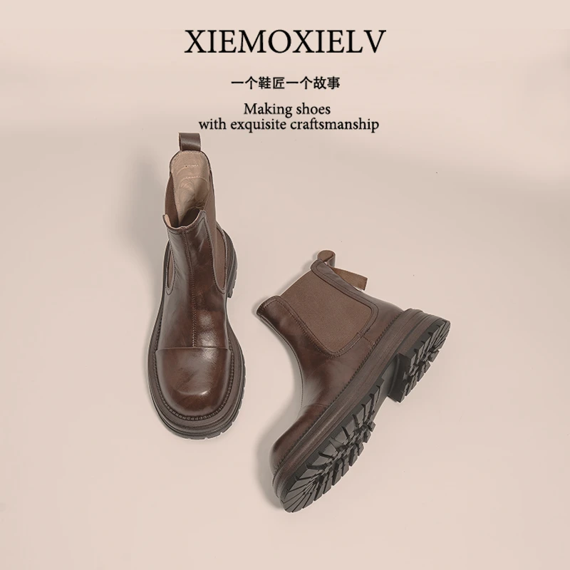 牛皮切尔西短靴2023冬季新款厚底真皮短靴黑色英伦风及裸靴马丁靴